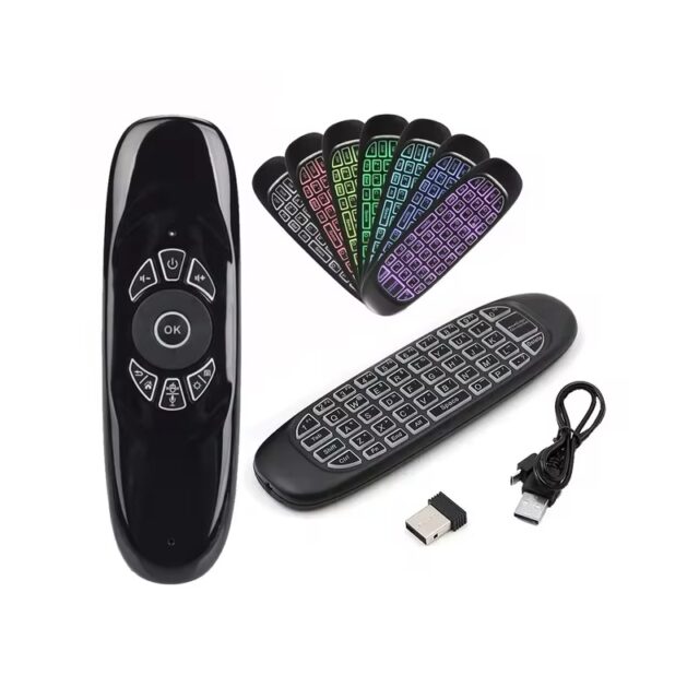 Air Mouse Remote Control with 7-Color Backlit English/Arabic Keyboard – Wireless for Smart TV and Other Devices