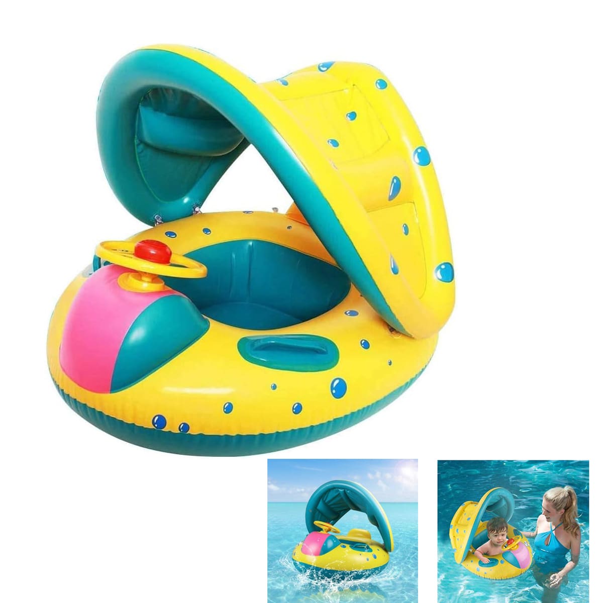 Inflatable Baby Swimming Float with Canopy & Steering Wheel