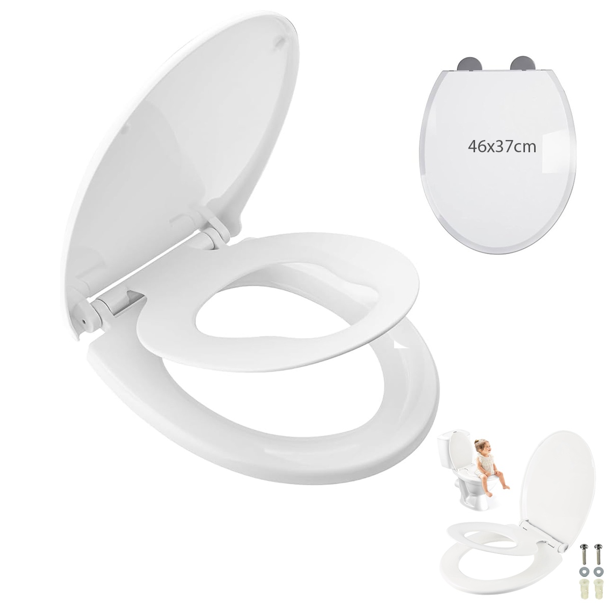 Soft Close Toilet Seat Cover with Built-in Toddler Potty Seat – Dual Function for Kids and Adults | Easy Install, Quiet Close, Family Toilet Training Seat