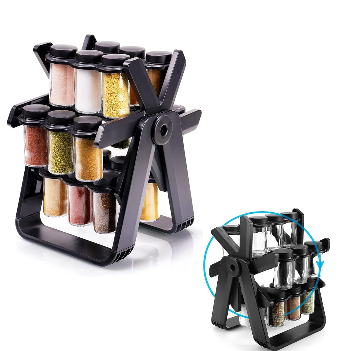 Rotating Spice Rack with 18 Glass Jars – Durable 360° Organizer for Kitchen Countertop or Cabinet Storage
