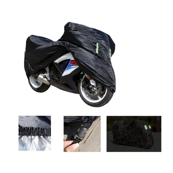 Waterproof Black Motorcycle Cover with Elastic Edge and Buckle Strap – Heavy Duty Outdoor UV Protection Bike Cover with Reflective Strips