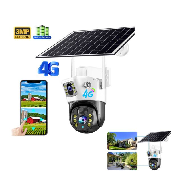 4K Dual-Screen Solar Powered Outdoor PTZ Security Camera with AI Motion Detection, 360° Panoramic Night Vision, 4G LTE Support, Wireless Cloud Storage, CMOS Sensor