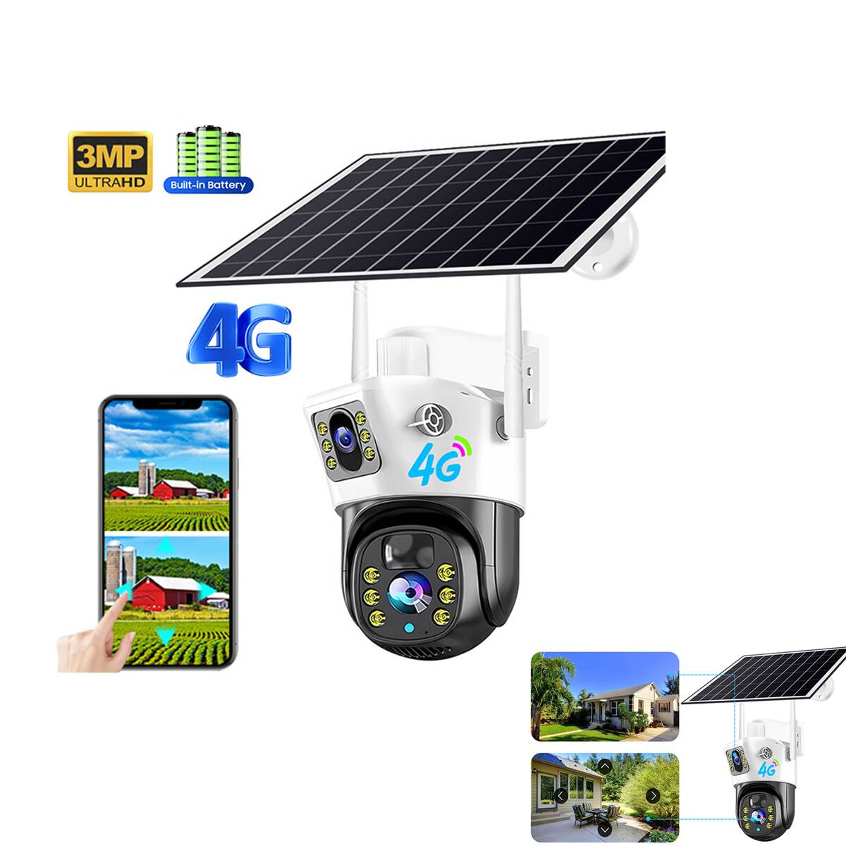 4K Dual-Screen Solar Powered Outdoor PTZ Security Camera with AI Motion Detection, 360° Panoramic Night Vision, 4G LTE Support, Wireless Cloud Storage, CMOS Sensor