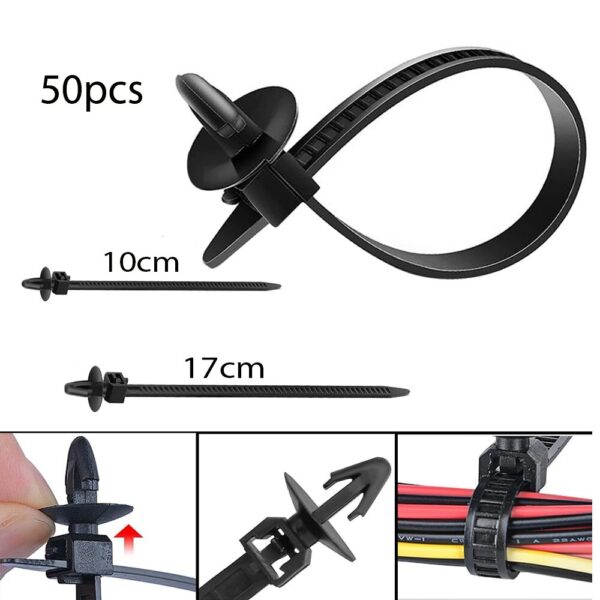 50 Pcs Automotive Push Mount Cable Zip Ties Nylon 66 – Bolt Type Fastener Wire Ties for Car Wiring, Body Panels & Trim (10cm & 17cm)