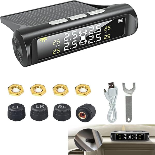 Wireless Solar Tire Pressure Monitoring System (TPMS) Kit with LCD Display & 4 Sensors – Real-Time Tire Pressure & Temperature Monitor for Cars, RVs & SUVs